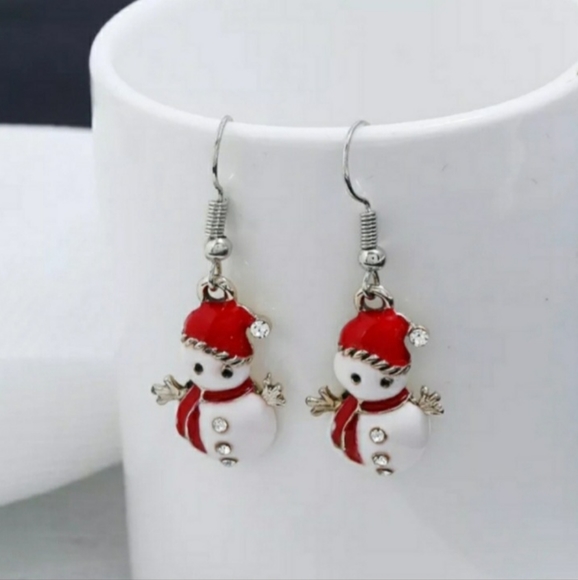 Red & White Winter Snowman Dangle Drop Earrings - Picture 5 of 8